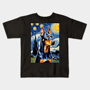 Doberman Pinscher Dog Breed Painting in a Van Gogh Starry Night Art Style Kids T-Shirt